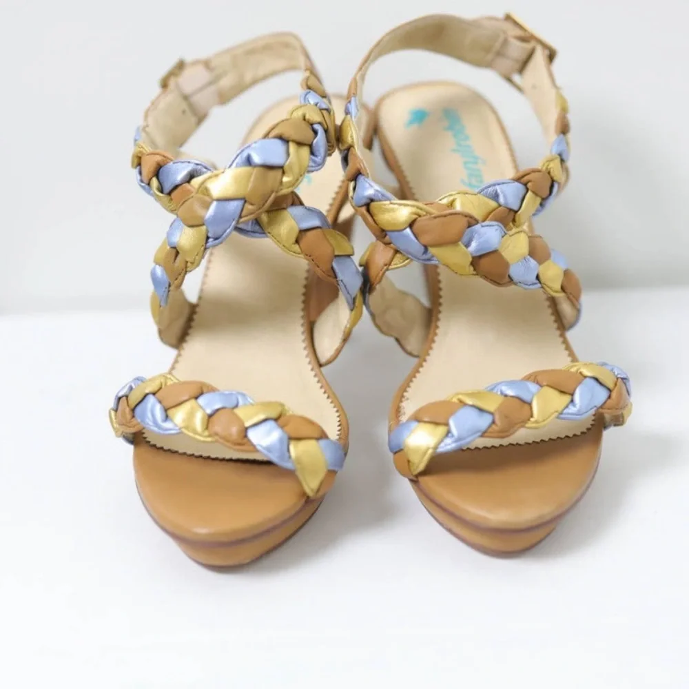 Farylrobin Tan and Gold Braided Heels